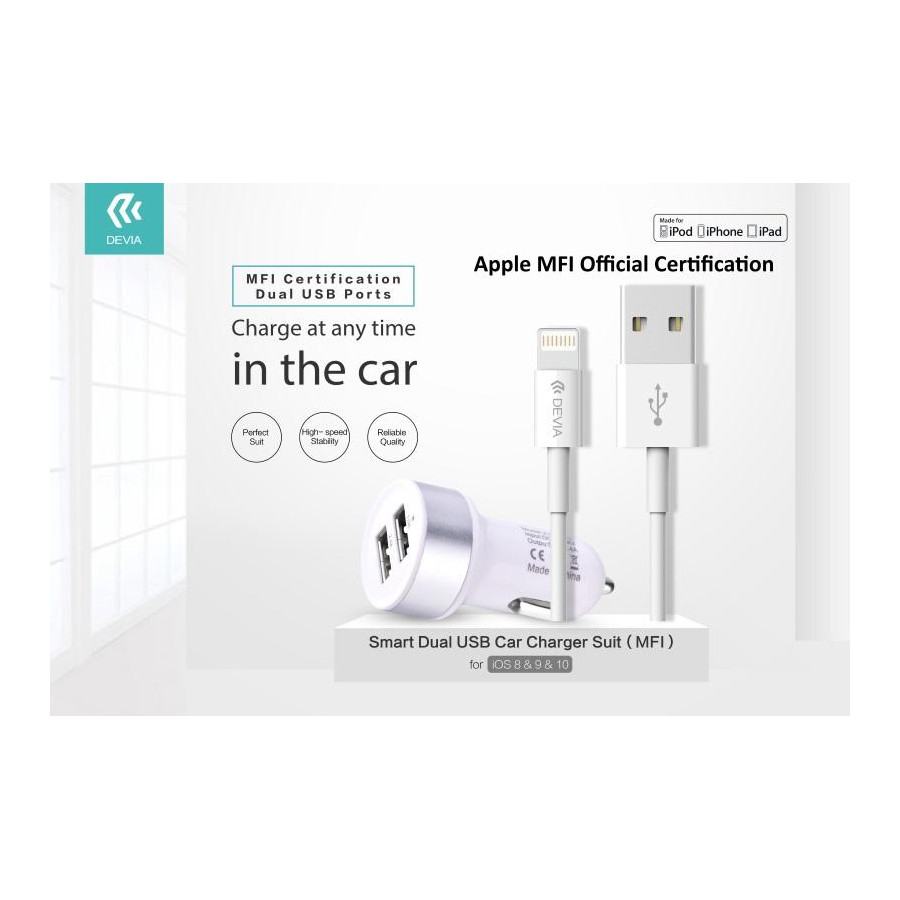 Suit Carica Auto + Cavo Lightning per Apple Certificato MFI