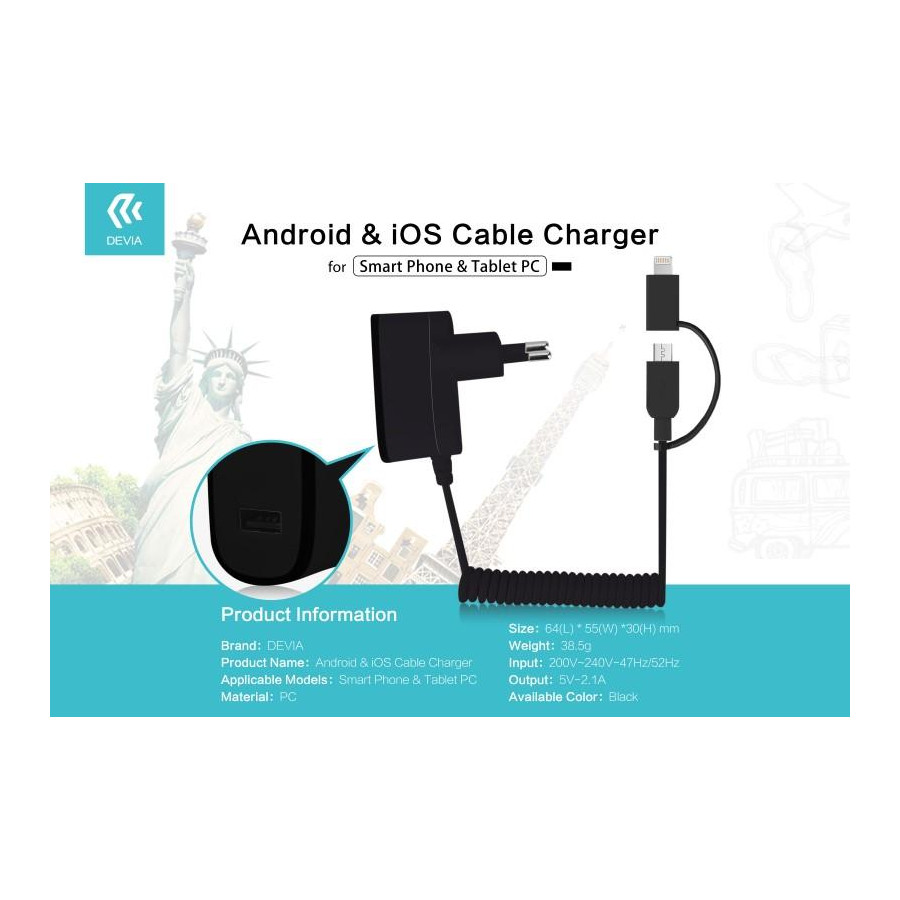 Caricabatteria con Cavo iOS / Android e Presa Usb 2.1 Amper