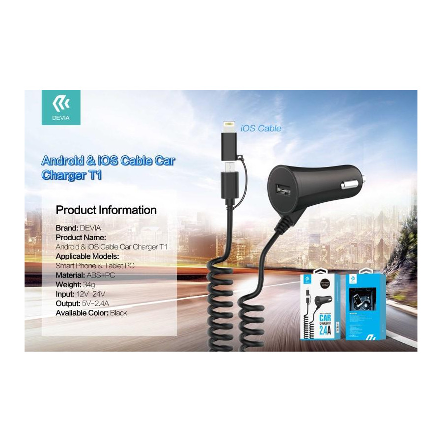 Carica da Auto T1 con Cavo Android & Lightning + Uscita USB 