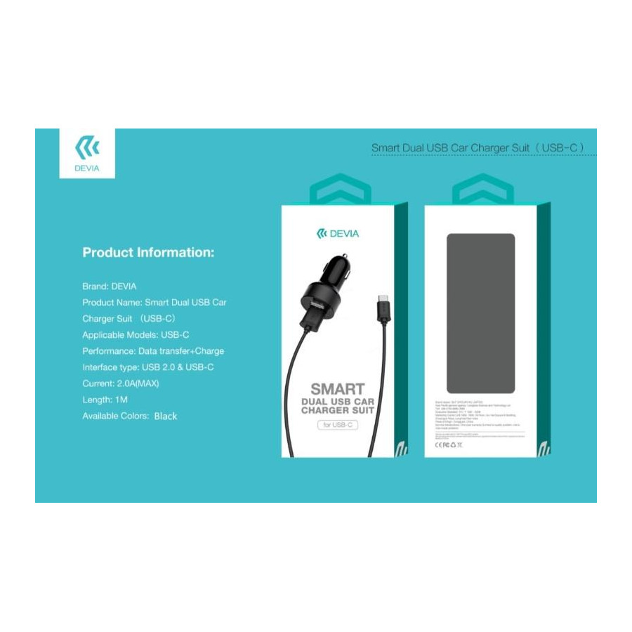 Suit Carica Doppio da Auto Type-C Smartphone Android Nero