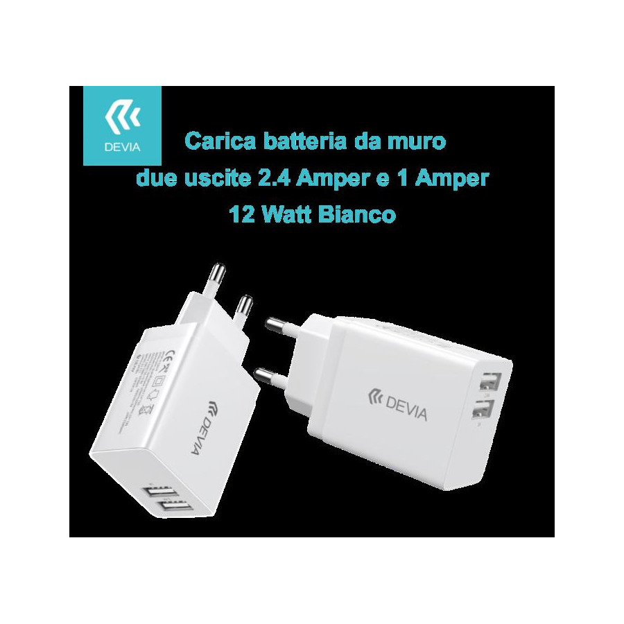 Carica Batterie 2 Uscite 2.4 Amper e 1 Amper 12 Watt Bianco