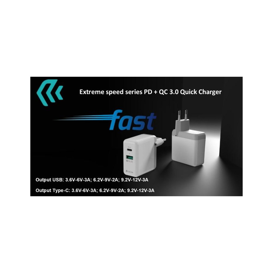 Caricatore rapido 2 Uscite USB+Tipo-C QC3 + PD 36W Bianco