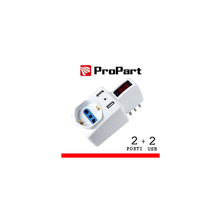 Adattatore 2pos bipasso/schuko +USB spina10A salvasp. + int.