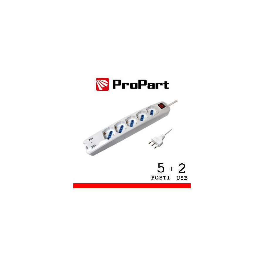 Multipresa 5pos bipasso/schuko + USB spina16A +interr.