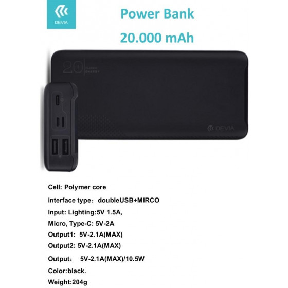 Power Bank 20.000 mah ingresso 5V 1.5A Uscite 3 per 5V-2.1A 
