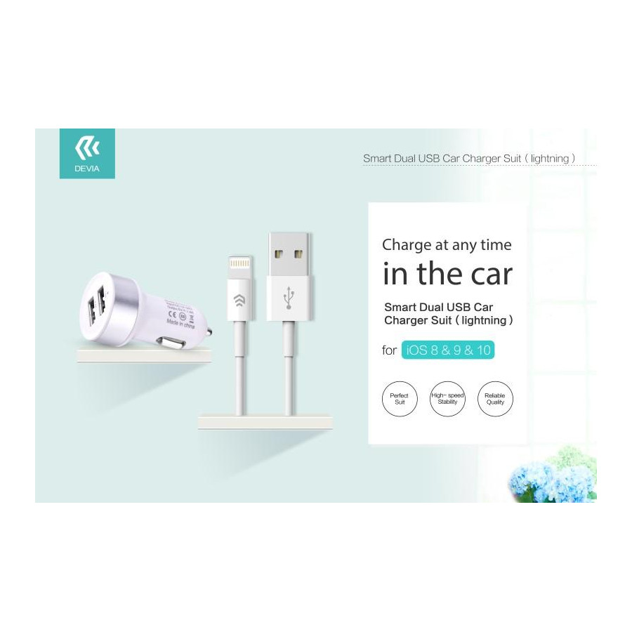 Suit Carica Auto + Cavo Lightning per Apple iOS 10+ Bianco